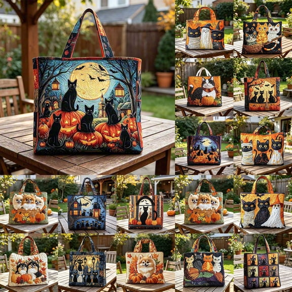 Halloween Quilted Tote Bag,Reusable Shopping Tote Large Capacity Trick or Treat Bag Fall Gift for Women Daily Commute Travel Shoulder Strap Handbag
