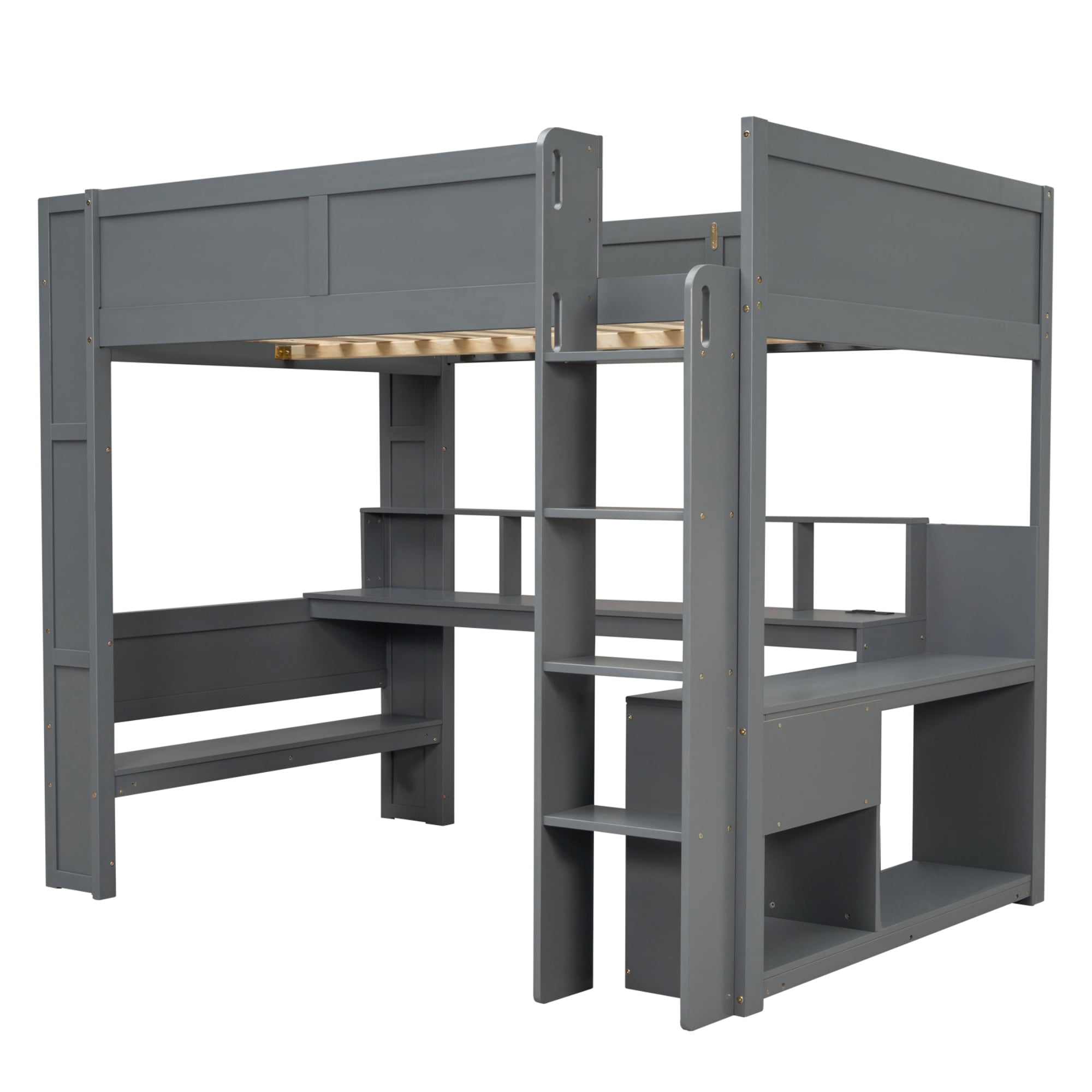 Euroco Wood Full Size Loft Bed Frame, Gaming Bed with Desk and Shelves, USB Charging Station and LED Light for Kids Teens, Dark Gray