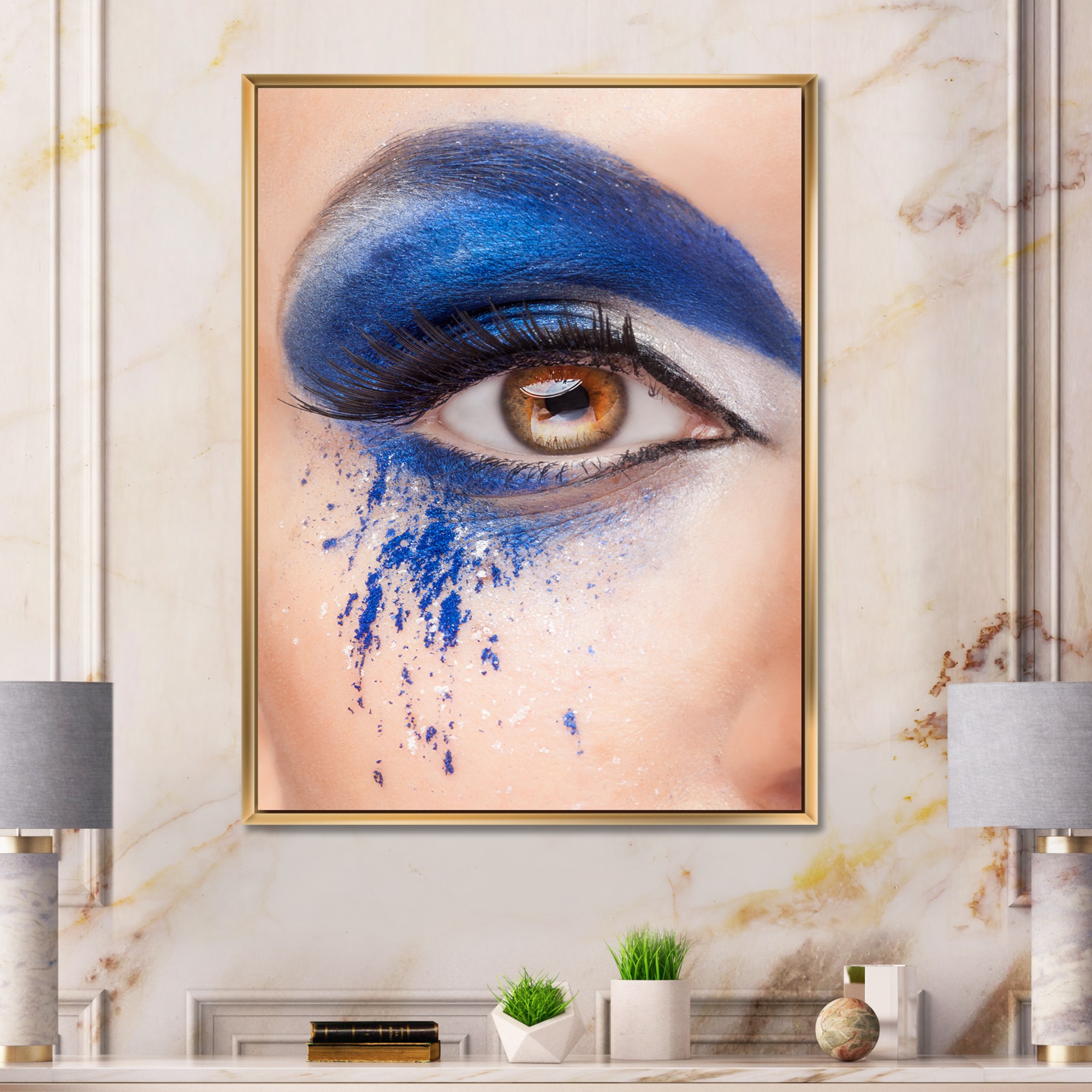 Designart 'Close Up Of Brown Eye With Blue Fantasy Make Up' Modern Framed Canvas Wall Art Print