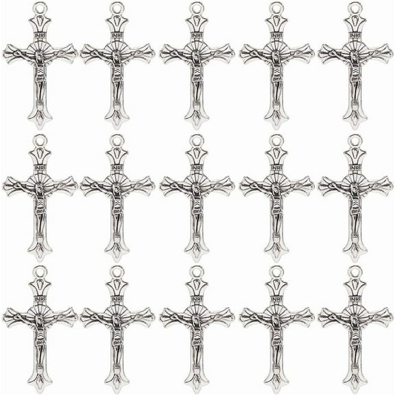 1 Box 50Pcs Rosary Cross Charms Easter Crucifix Pendants Tibetan Style Rosaries Bulk Vinatge Antique Silver Cross Charms for Jewelry Making Supplies DIY Necklace Bracelet Earrings Craft