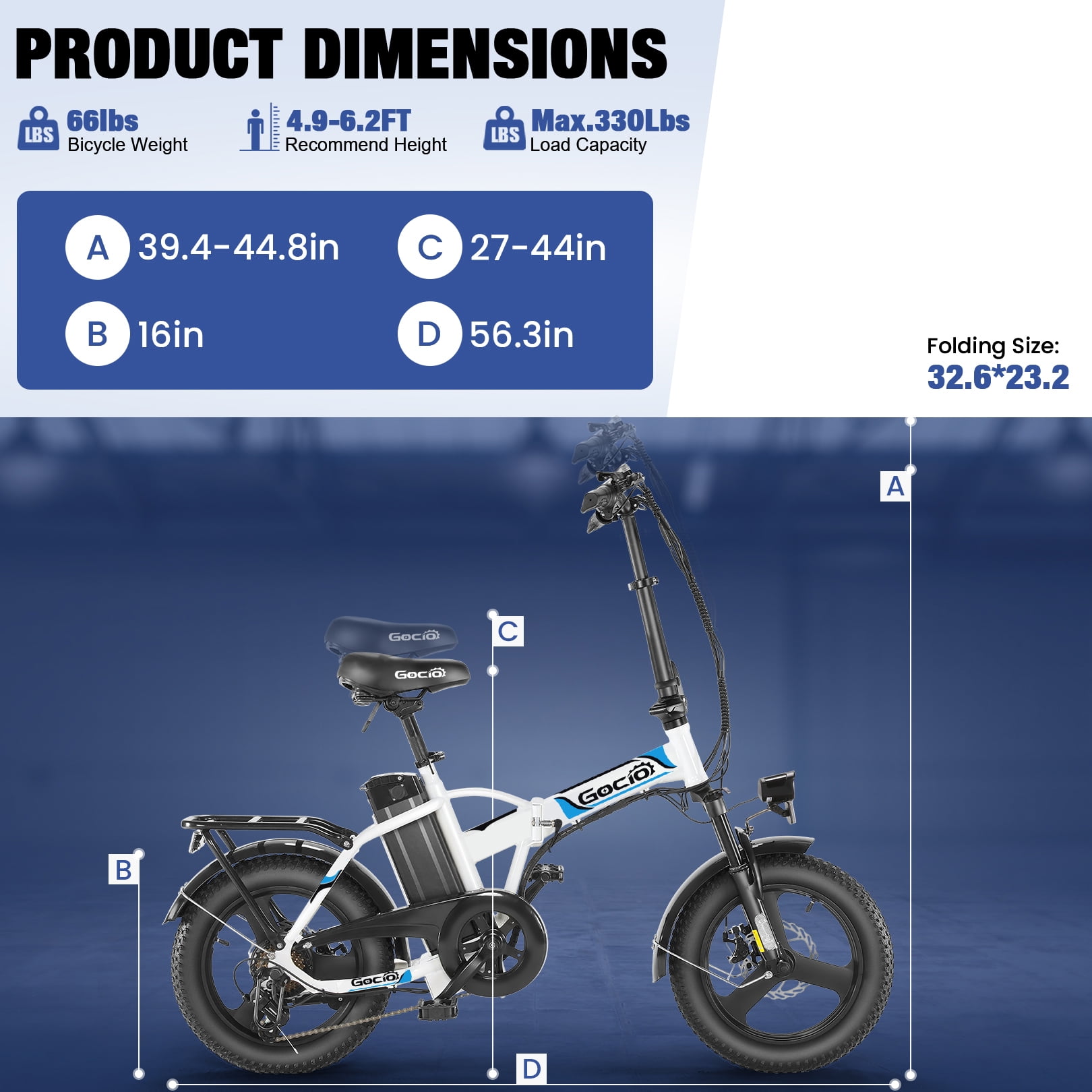 Gocio Peak 750W Electric Bike, 16" x 3.0 One-Piece Fat Tire Foldable Electric Bicycle for Adults Women, 48V 374.4Wh Removable Battery Ebikes, 20MPH Commuter E Bike for Teenager UL2849 Certified