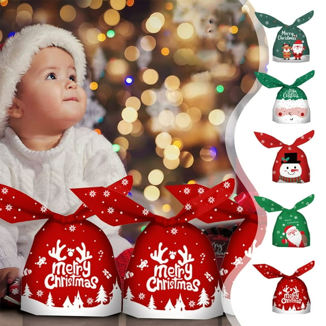 Bolsas de caramelos navideñas 50 piezas - bolsas de plástico de golosinas de 5,11x9,05 pulgadas para galletas, aperitivos, detalles para fiestas, regalos navideños y artículos de repostería