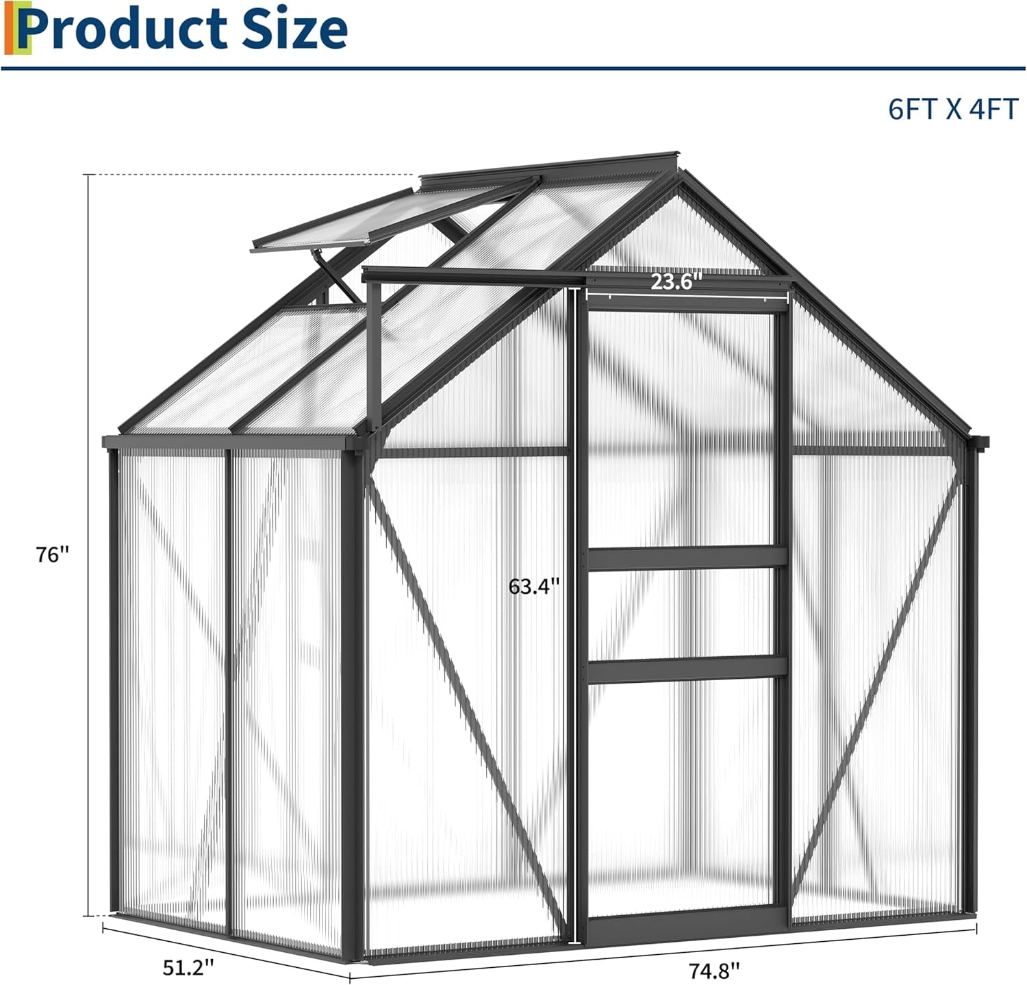 QinaQin 6 x 4 FT Outdoor Greenhouse,Polycarbonate Greenhouses with Aluminum Frame,Sliding Door,Adjustable Roof Vent for Backyard,Green Houses for Outside Garden,Black