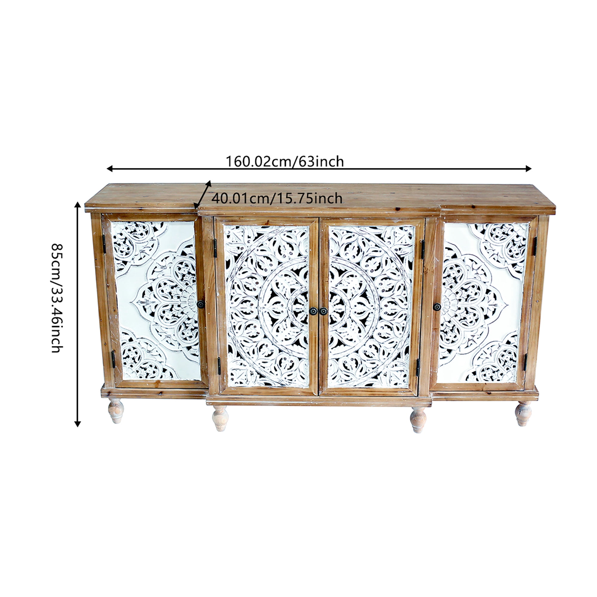 4-Door Hollow-Carved Accent Cabinet, Distressed Wood Storage Cabinet Cupboard with Adjustable Shelves, for Kitchen, Dining Room, Living Room, Entryway, Natural wood