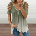 thumbnail image 2 of Sage Green Gradient Womens Summer V Neck Zipper Top Short Sleeve T Shirt Off Shoulder Top Casual Classy Loose Shirts, 2 of 7