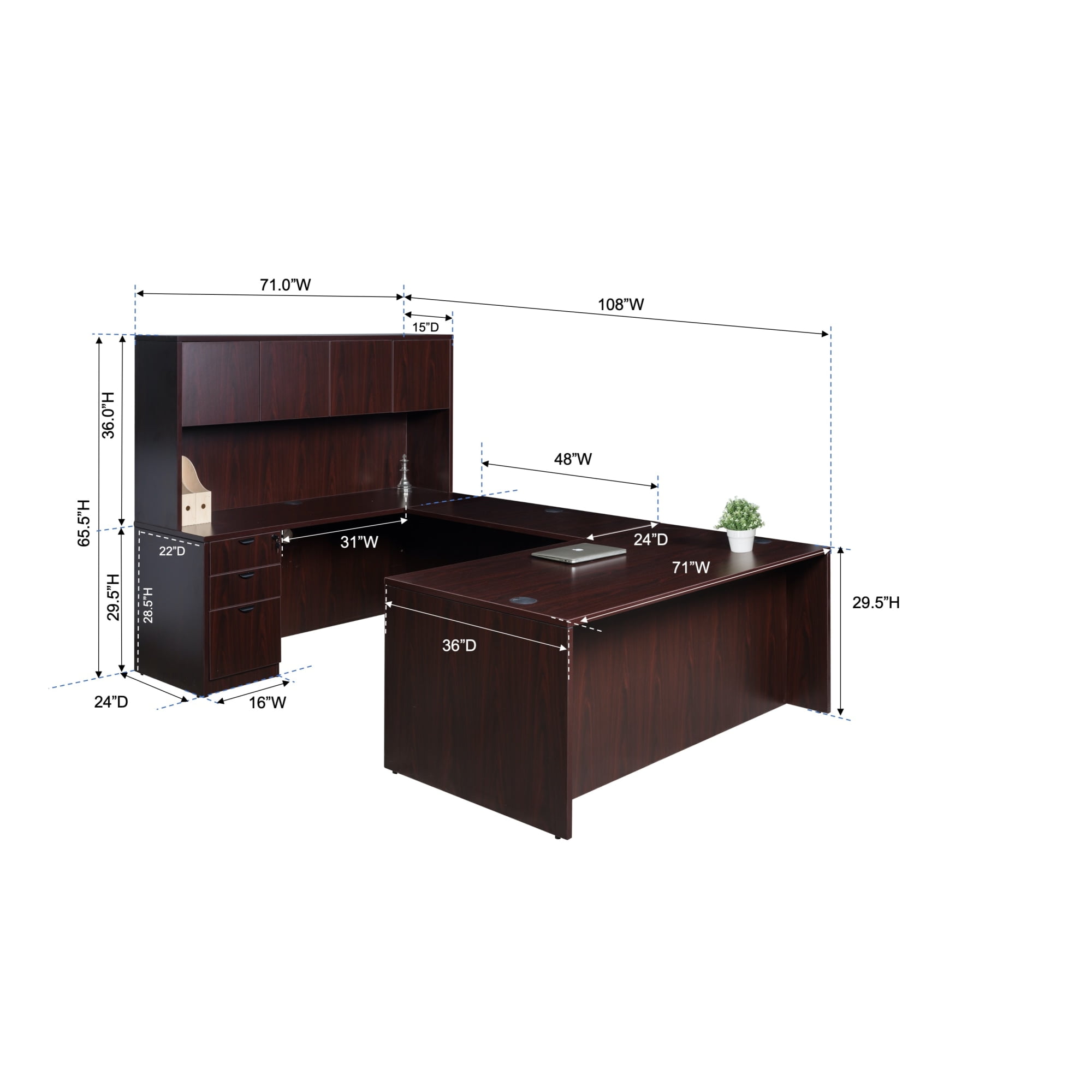 Boss Office Products Holland Series Executive U-Shaped Desk With File Storage Pedestal And Hutch, Mahogany