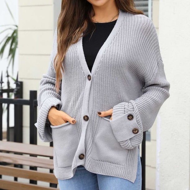 Cárdigan de mujer a rayas con retazos, informal, de color liso, con bolsillos, suéter con botones, top de acrílico para mujer