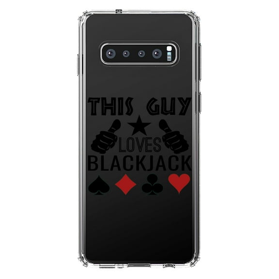 DistinctInk Clear Shockproof Hybrid Case for Samsung Galaxy S10 (6.1" Screen) - TPU Bumper Acrylic Back Tempered Glass Screen Protector - This Guy Loves Blackjack