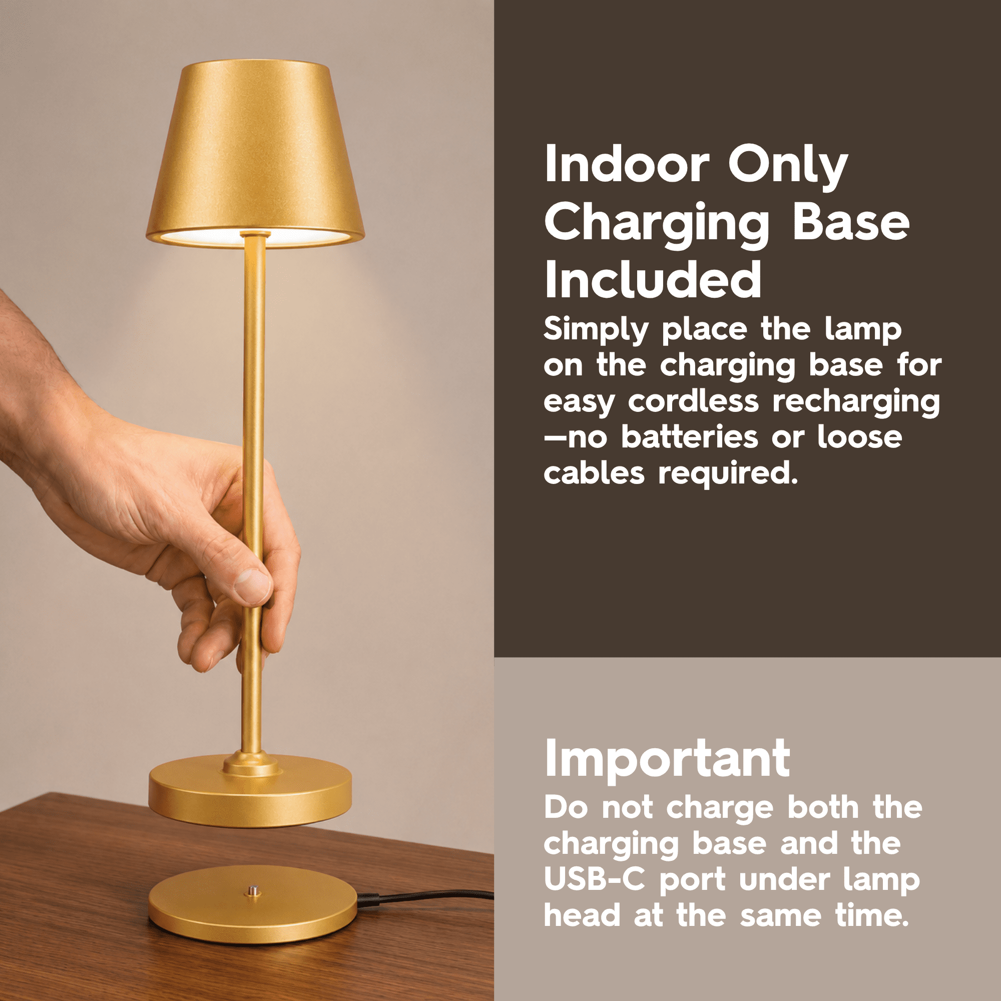 Better Homes & Gardens 14" Gold Rechargeable Color-Changing Table Lamp for Indoor/Outdoor Use, Indoor Only Charging Base