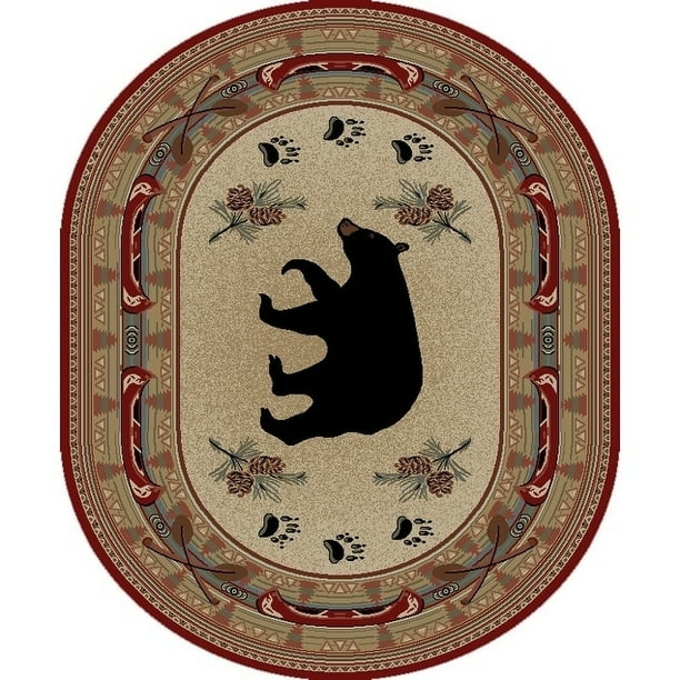 Rustic Lodge Red Black Bear Fish 5x7 Oval Area Rug 5'3"x7'3" 5'3" x 7