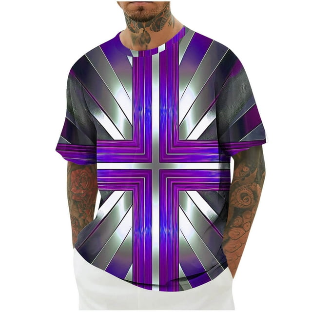 Mens Camisas de Manga Corta Impresión Casual Deportes Cuello Redondo Blusa, Poliéster Ligero para la Primavera Verano Al Aire Libre Uso Diario