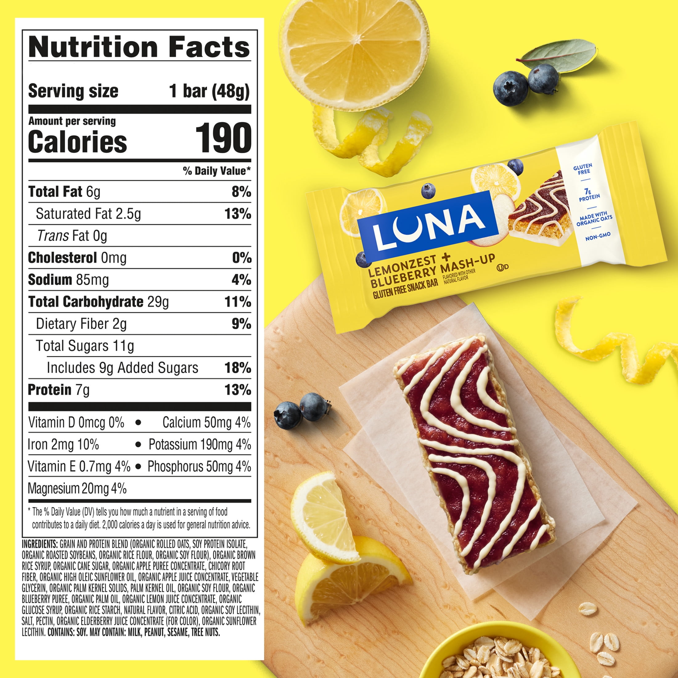 LUNA LemonZest + Blueberry Flavor Gluten Free Snack Bars, Protein