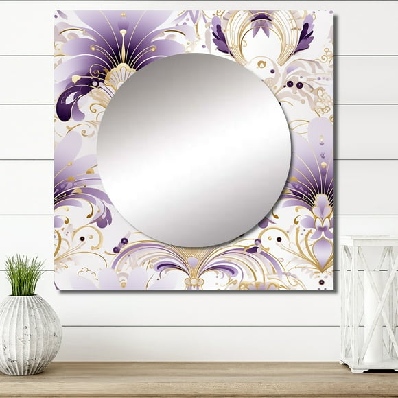 Designart "Art Deco Elegance In Purple & White II" 0 Square Mirror Wall Decor Bohemian - Large Purple Square Bathroom Mirror - Square Printed Wall Mirror Art