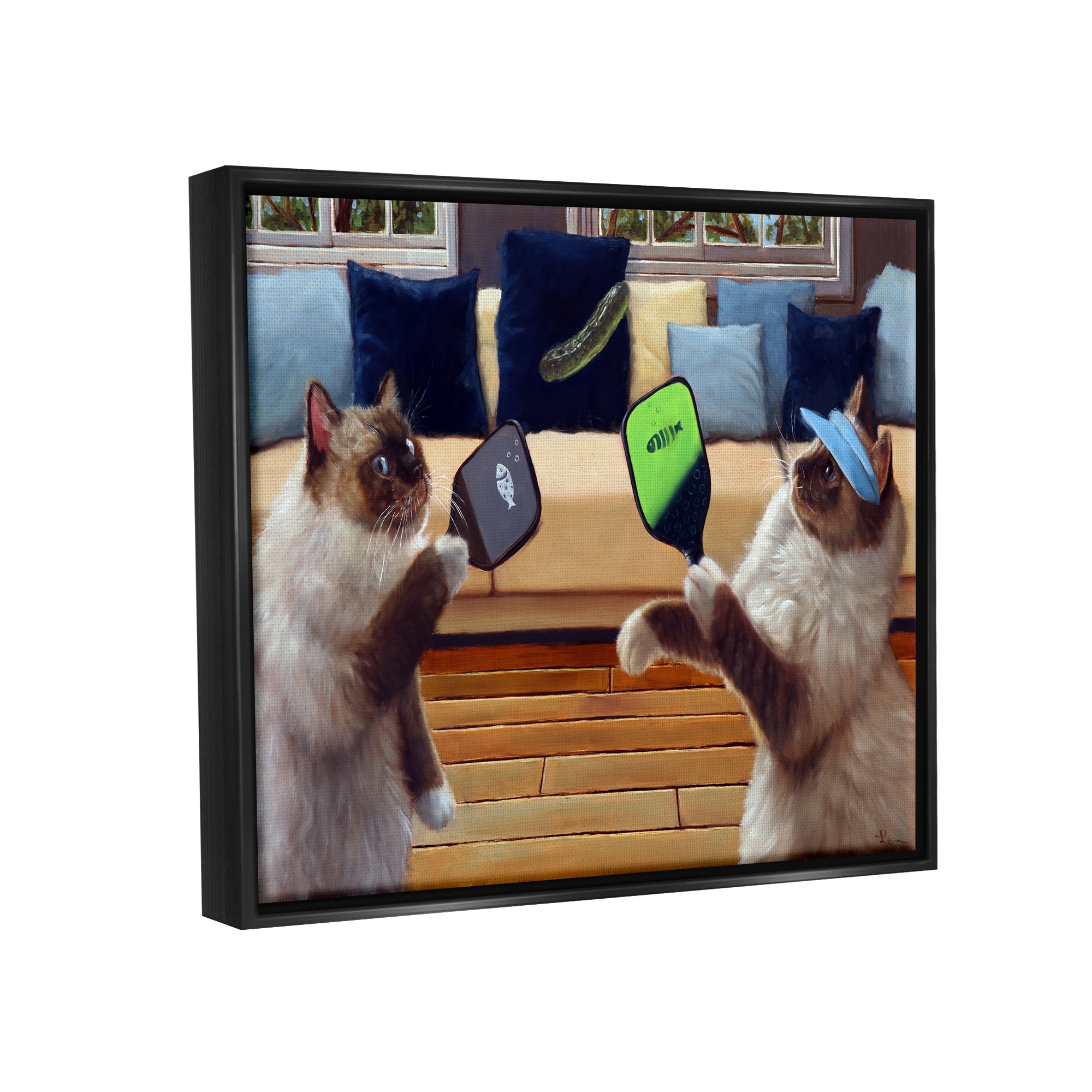 Stupell Industries Cats Playing Ping Pong Animals & Insects Painting Black Floater Framed Canvas Art Print Wall Art, 31 x 25