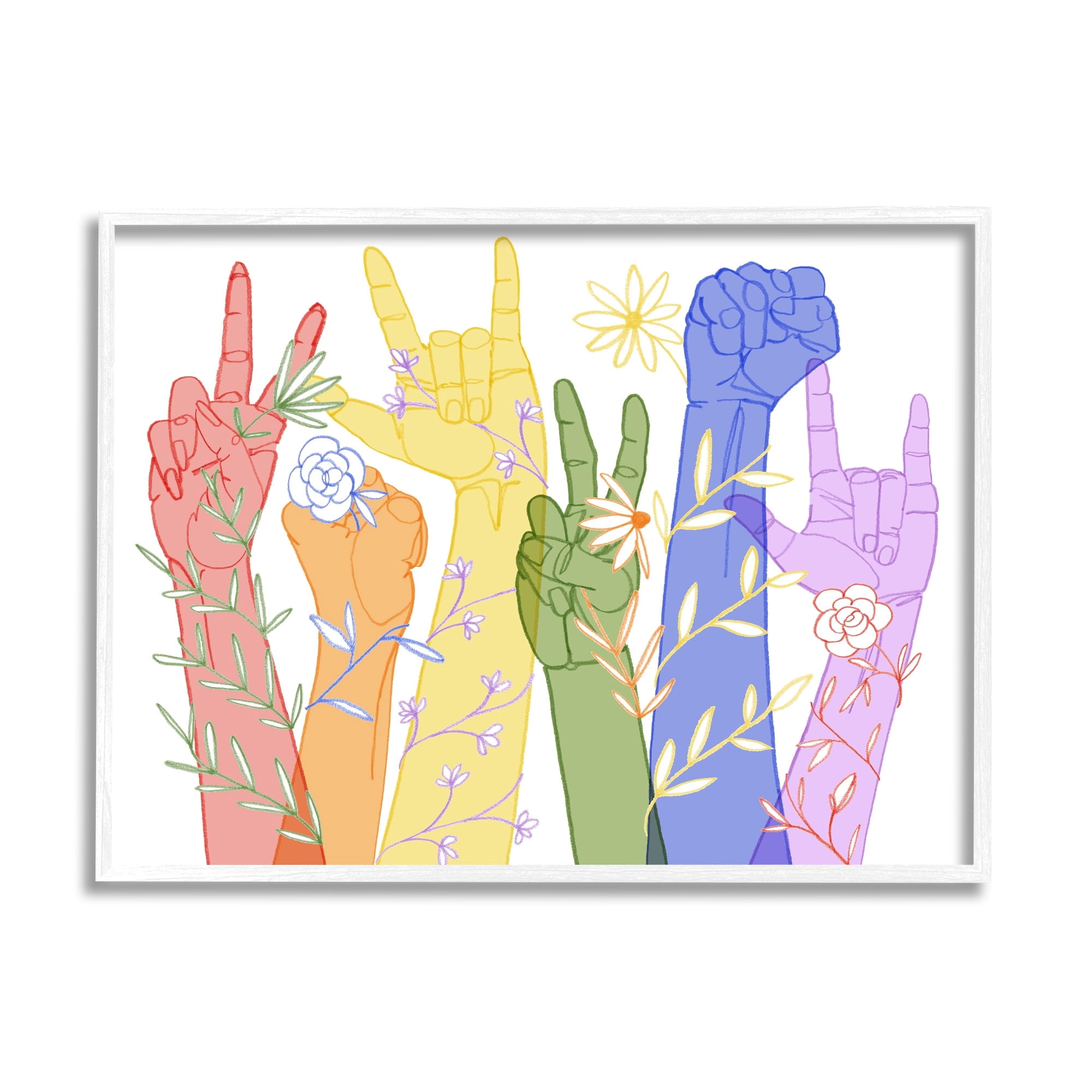 Stupell Industries Rainbow Peace Love Caring Hand Signs ASL Graphic Art White Framed Art Print Wall Art, 24x30, by Grace Popp
