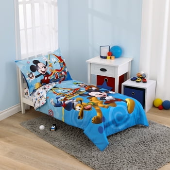 Disney Mickey Mouse 4pc Toddler Bedding Set, "Mickey Fun House", blue, green, red, Toddler Bed size, Boy