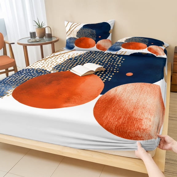 Cal.King Size Fitted Sheet Set - Navy Blue Burnt Orange 3 Piece Bedding Sets 16" Deep Pocket Fitted Sheet with 2 Pillowcases, Middle Century Modern Geometric Brushed Microfiber Hotel Bed Sheets