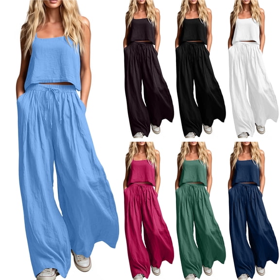 Bloomae 2 Piece Summer Women's Cotton Linen Outfits Casual Sleeveless Vest Loose Wide Leg Pants Spaghetti Strap Tank Top and Drawstring Elastic Waist Baggy Pants Sets with Pockets White L