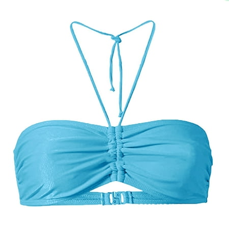 Swimear Women Halter Push Up Bikini Top Cheeky String Ruched Swimsuit Bathing Suit Padded Bandeau Top Plus Size S-5XL(Medium  Sky Blue)