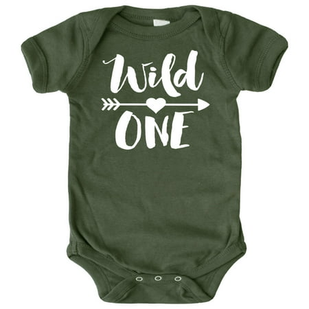 

Wild One 1st Birthday Bodysuit for Baby Girls First Birthday Outfit White on Military Green Bodysuit 12 Months