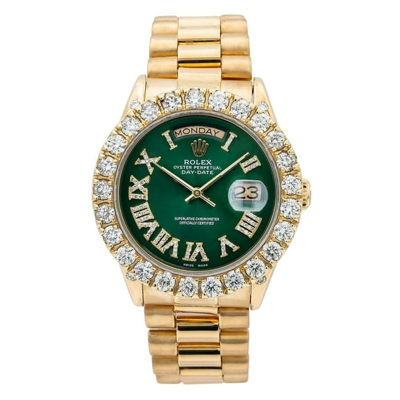Pre-Owned Rolex Day-Date 36MM 18038 Green Roman Diamond Dial Diamond Bezel 18K Yellow Gold President Bracelet 5.5ct