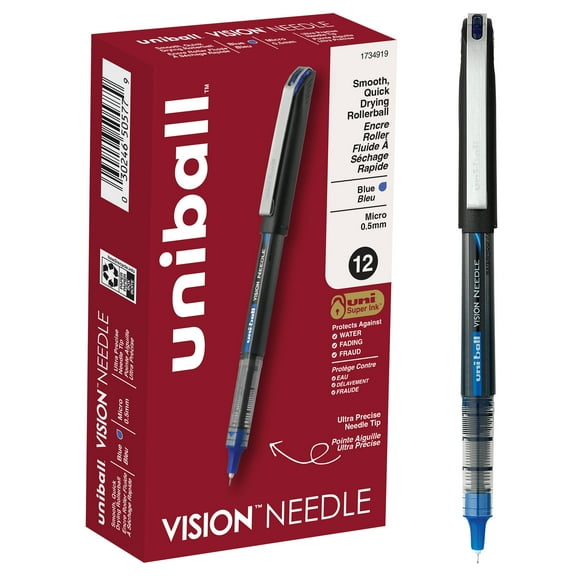 uniball Vision Needle Rollerball Pens, Micro Point (0.5mm), Blue Ink, 12 Count