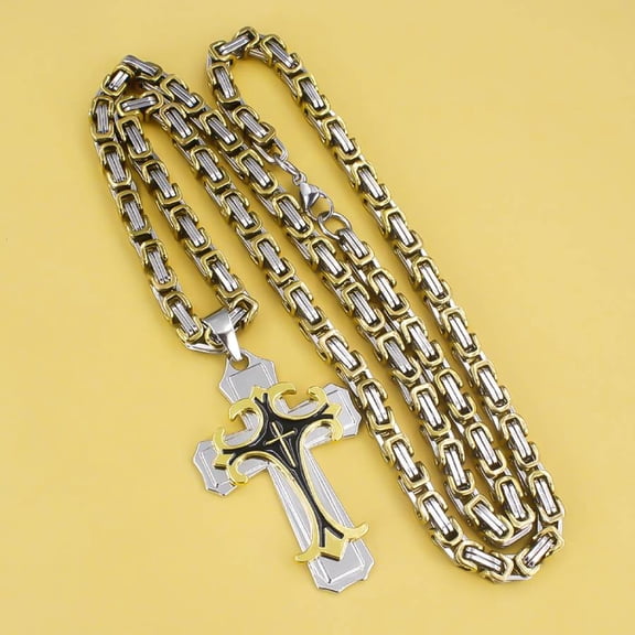 Two-Tone Gold Silver Cross Pendant Necklace, Byzantine Chain Stainless Steel Hip Hop Necklace for Men