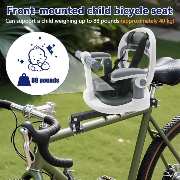 Front Mount Bike Seat 360°Bicycle Seat for Capacity with Safety Belt & Foldable Footrest Easy Install on Most Mountain Bikes Light White