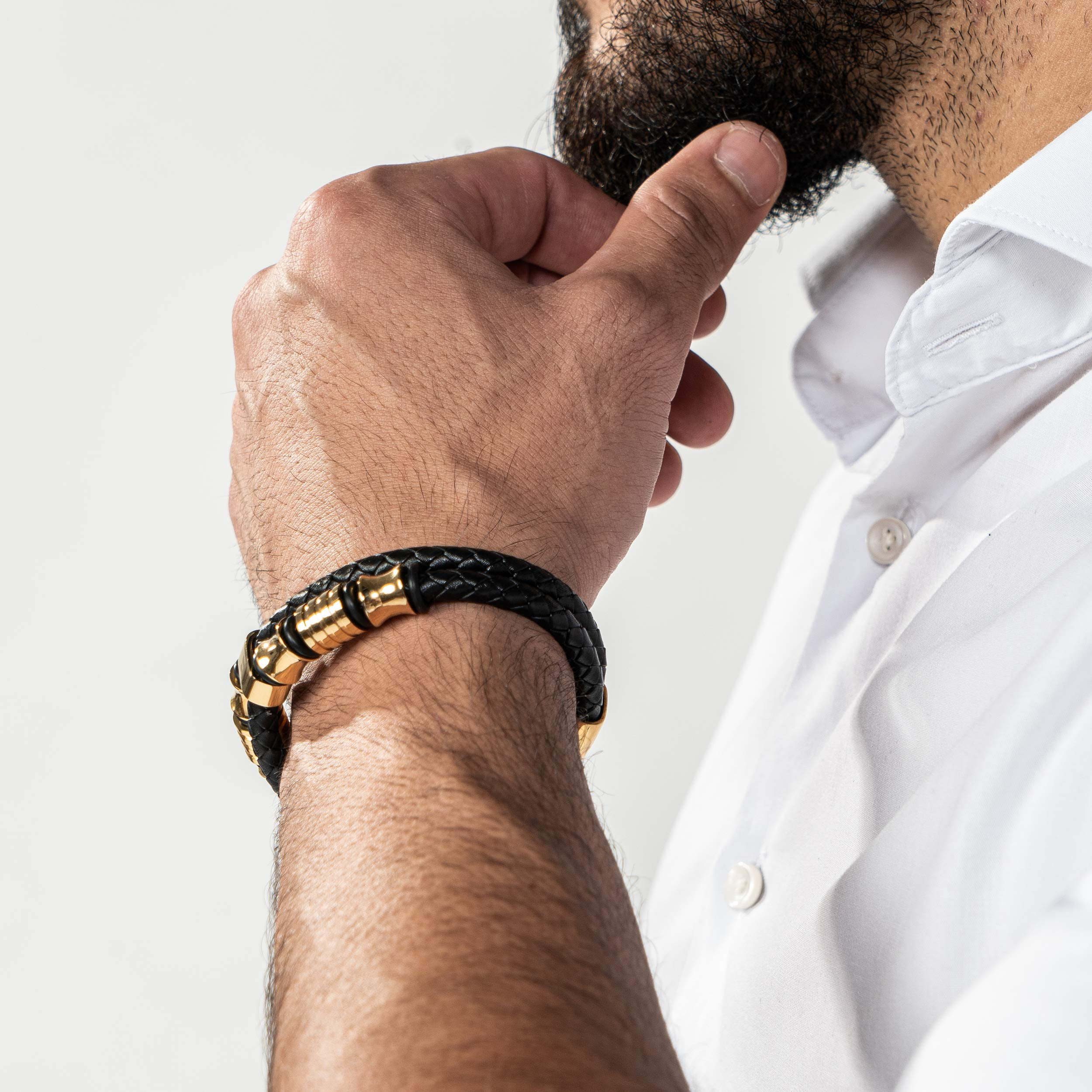 SERASAR Men's Premium Leather Bracelet "Spirit" with stainless steel magnetic closure, Gold 23cm, including gift box