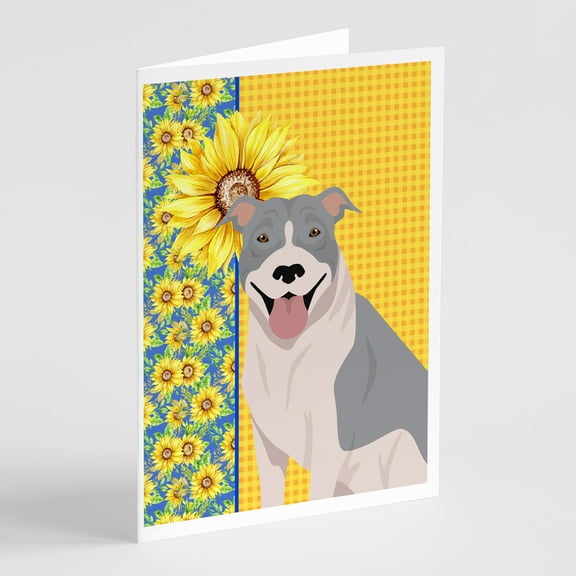 Summer Sunflowers Blue and White Pit Bull Terrier Greeting Cards and Envelopes Pack of 8 7 in x 5 in