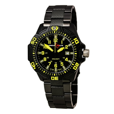 Armourlite AL624 Men's Caliber Yellow Accented Black Dial Black IP Steel Bracelet Green Tritium Fill Dive Watch