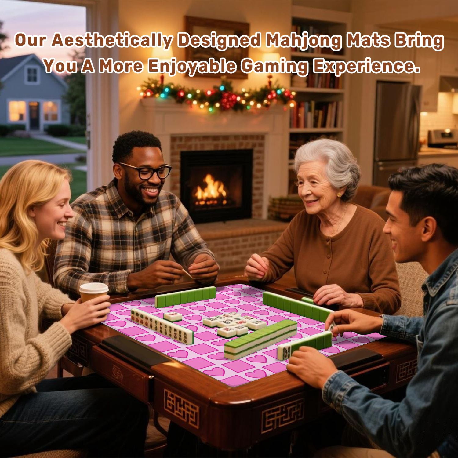 Mahjong Mat 31.5" x 31.5" Pink Heart Square Light Non-Slip Noise Reduction American Mahjong Tiles Table Cover for Dominoes Poker Card Board Games Gift