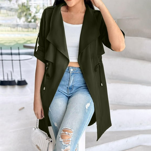 Sevevn Winter Coats for Winter Women's Solid Color Loose Waist Rolled Up Sleeves Mid Length Windbreaker Long Sleeved Jacket Christmas Gift