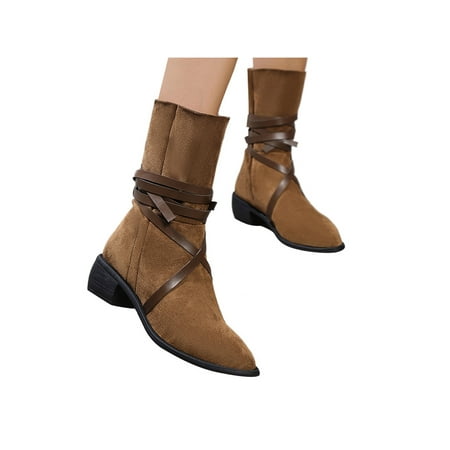 

Gomelly Womens Mid-Calf Boot Chunky Vintage Shoes Multi-Strap Western Cowgirl Boots Lightweight Knee-High Work Walking Brown Mid-Calf 4.5