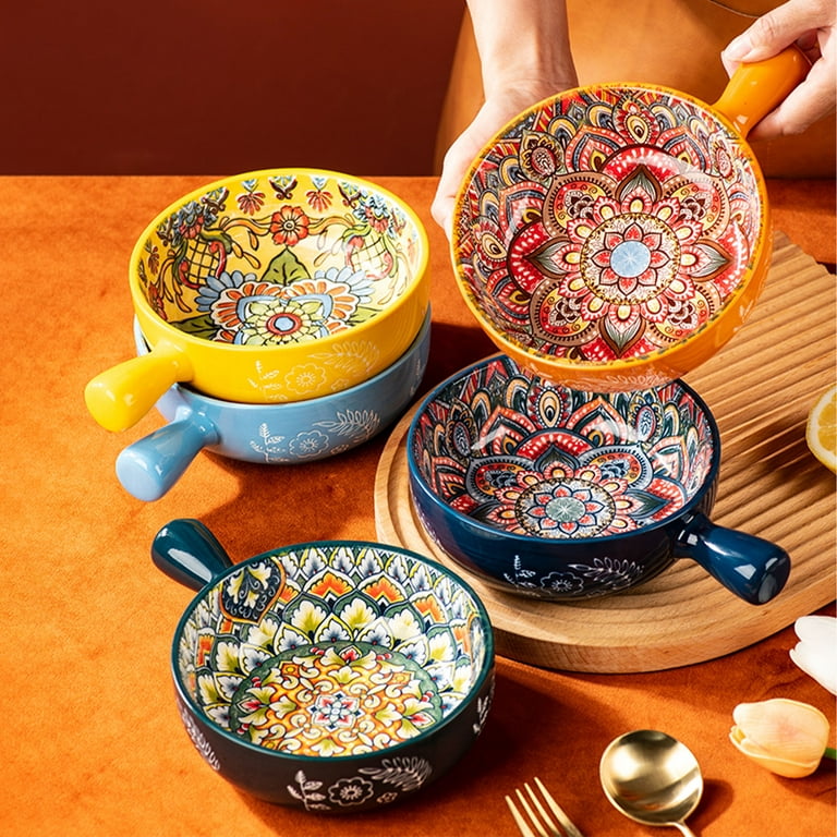 Qeeadeea Ceramic Soup Bowl With Handle 600ml, Single Shallow Bowl