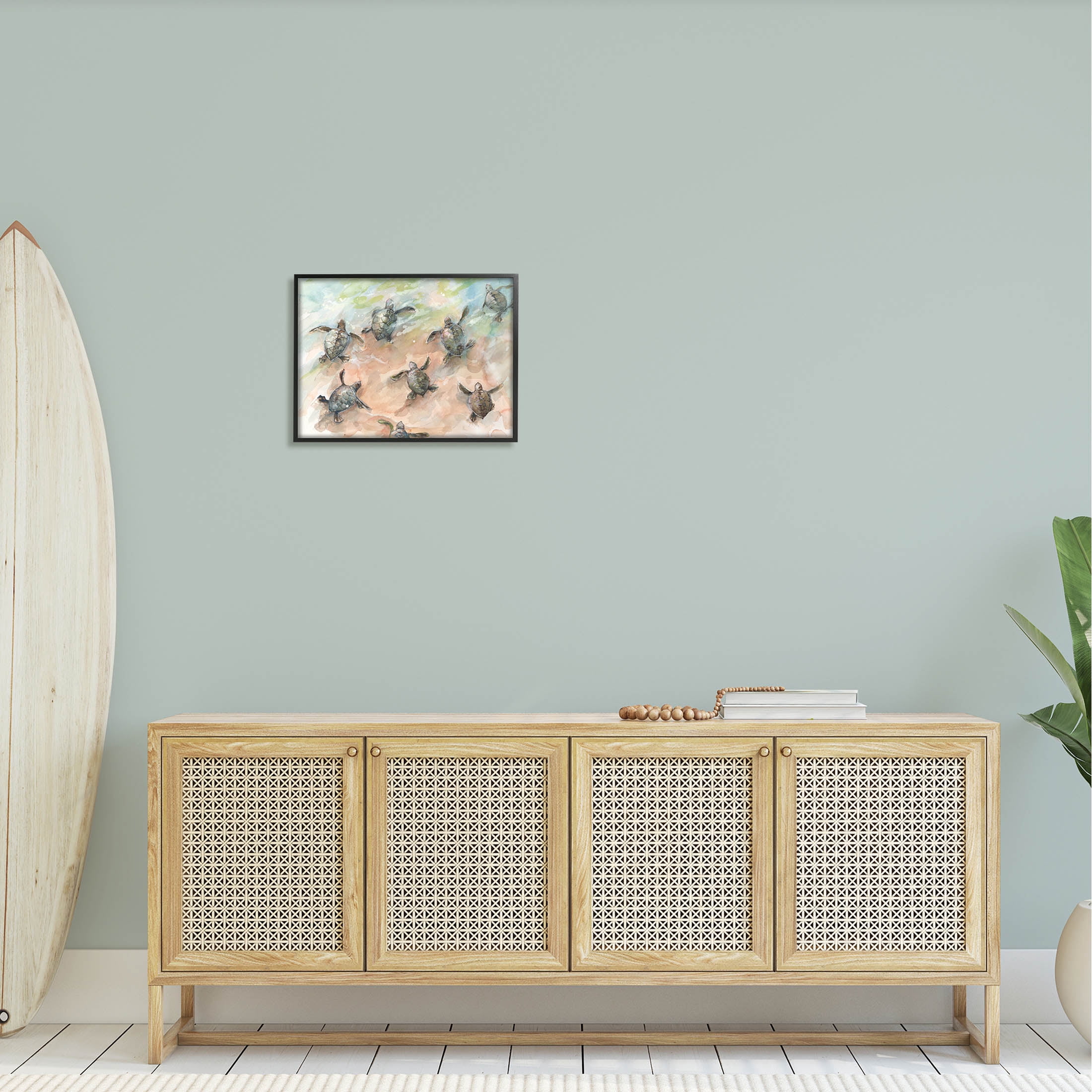 Baby Sea Turtles Swimming Shore Animals & Insects Painting Black Framed Art Print Wall Art
