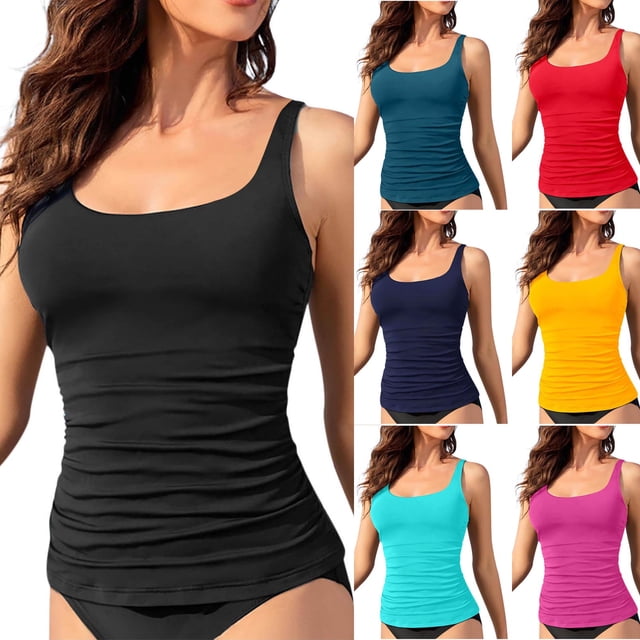 Lovzfmll Swim Tops for Women, Solid Color Racerback Tankini with Shelf Bra, Round Neck Sleeveless Beach Top