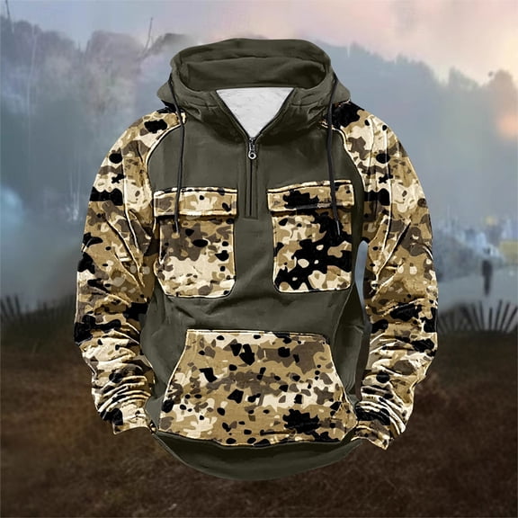 Zylanna Men's Hooded Sweatshirts with Pockets, Soft & Warm Camouflage Casual Half-Zip Sport Hoodies Pullover for Men Army Green