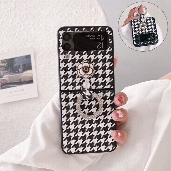 For Samsung Galaxy Z Flip 3 5G Camellia Flower Diamond Ring Holder Leather Case Cover