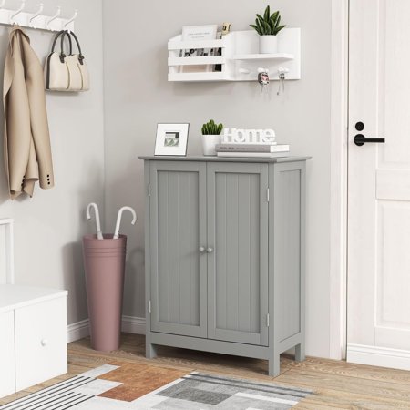 COSTWAY Bathroom Storage Cabinet, Freestanding Bathroom Storage Organizer with Doors & Adjustable Shelf, Wooden Floor Cabinet for Living Room, Bathroom, Entryway, Kitchen (Grey)