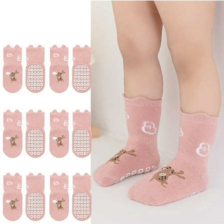 

6 Pairs Toddler Cartoon Animal Floor Non Slip Socks Kids Thick Warm Anti Slip Socks for Girls Boys Baby Socks with Grips(Pink L)