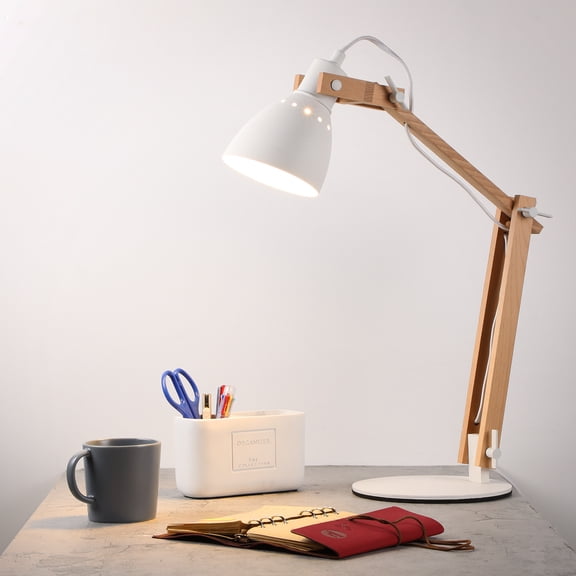 LED Swing Arm Desk Lamp, Wood Integrated Table Lamp, Heavy Base, 4-Level Dimmer, 5W, 2800K-3000K Warm White, White
