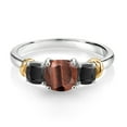 thumbnail image 2 of Gem Stone King 925 Sterling Silver and 10K Yellow Gold Red Tiger Eye and Black Onyx 3 Stone Engagement Ring for Women (1.56 Cttw, Cushion Cut 6MM and 4MM, Available in Size 5, 6, 7, 8, 9), 2 of 4
