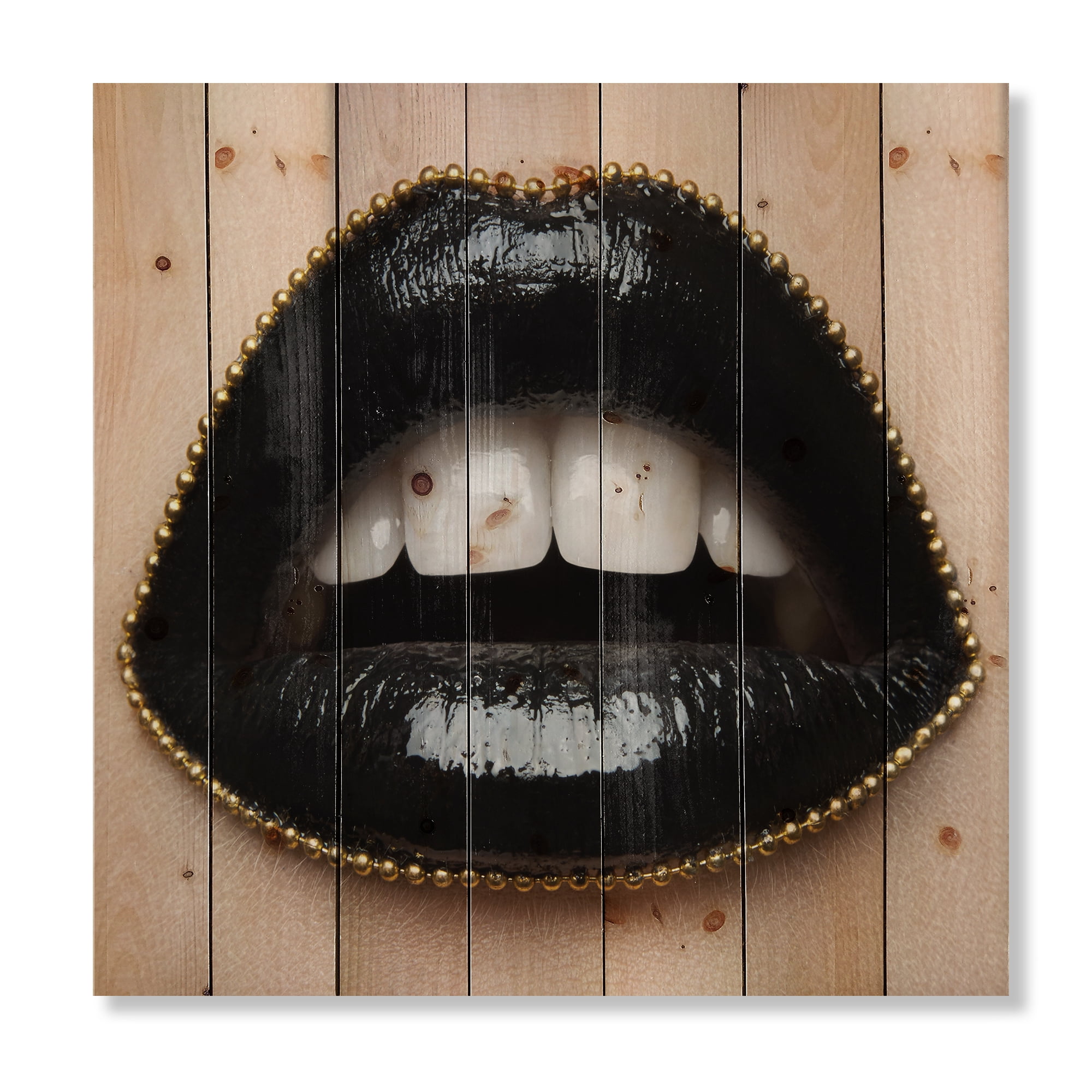 Designart 'Woman Lips With Black Lipstick & A Gold Chain' Modern Print on Natural Pine Wood