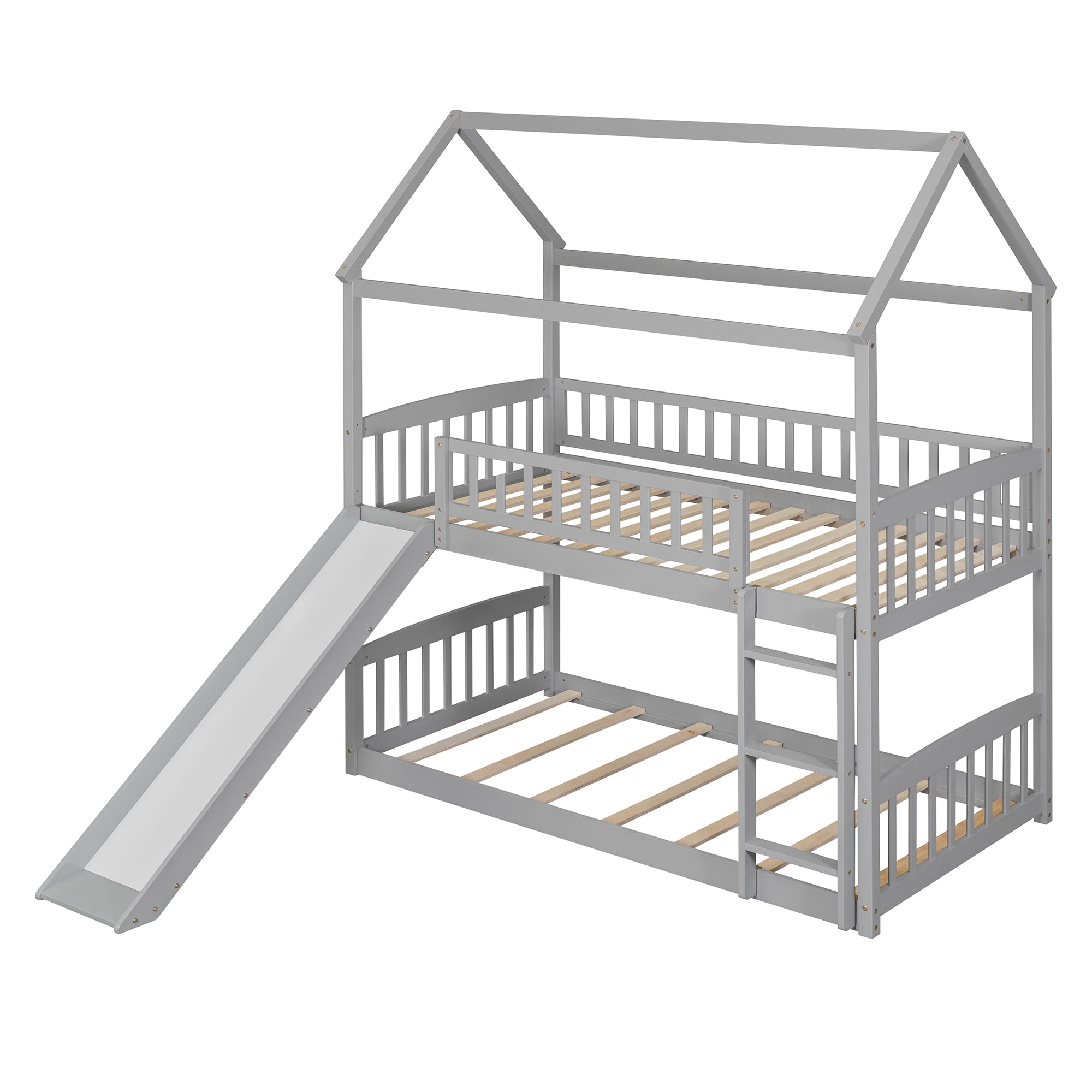 Aukfa Twin over Twin Bunk Bed with Slide, Floor Bunk Bed for Kids, Boys and Girls, House Top, Wooden - Gray