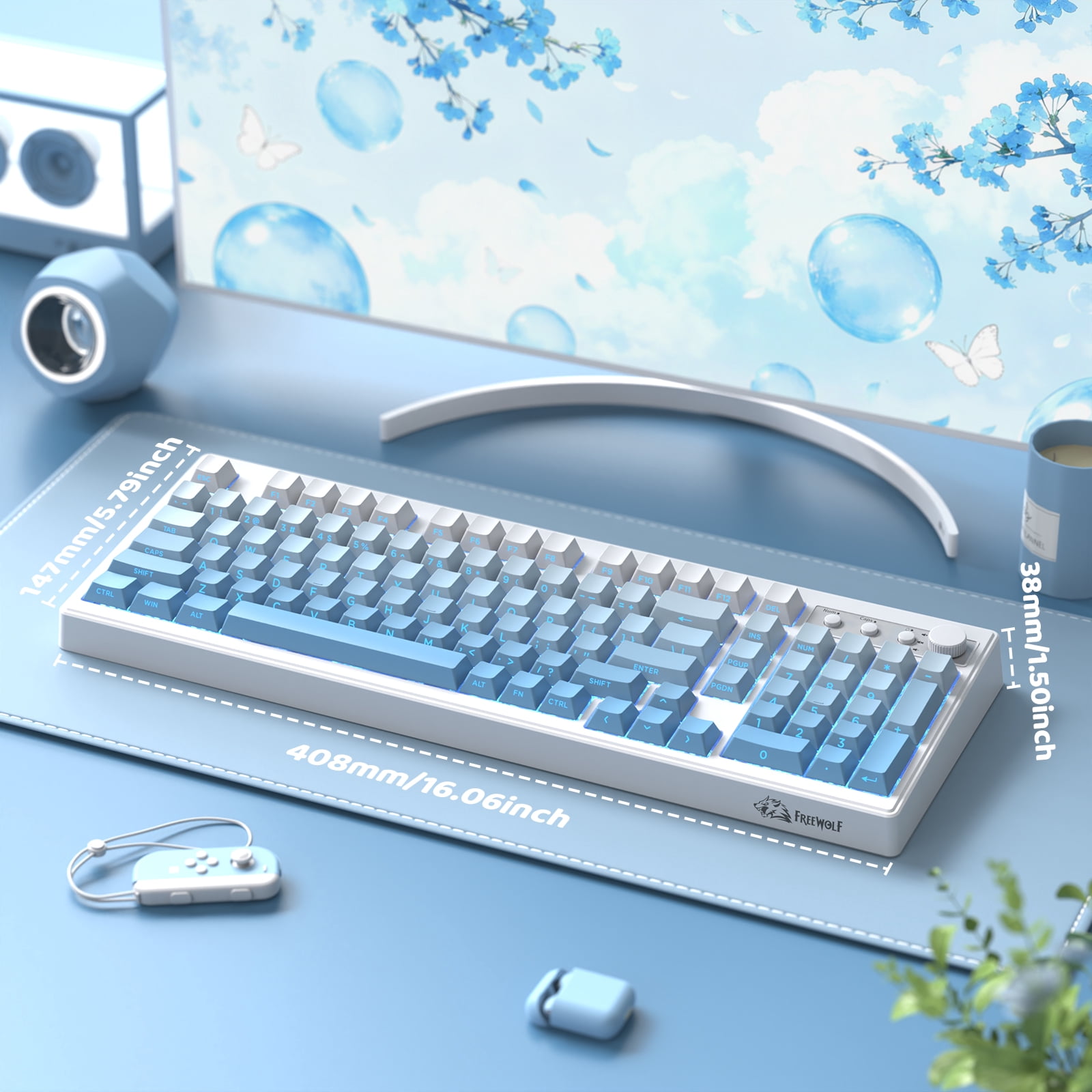 Freewolf-ZIYOULANG K100 99 Keys Gaming Membrane Wireless Tri-Mode BT/2.4GHz/USB-C Computer Keyboard with Media Knob & Side Printed Keys, Blue