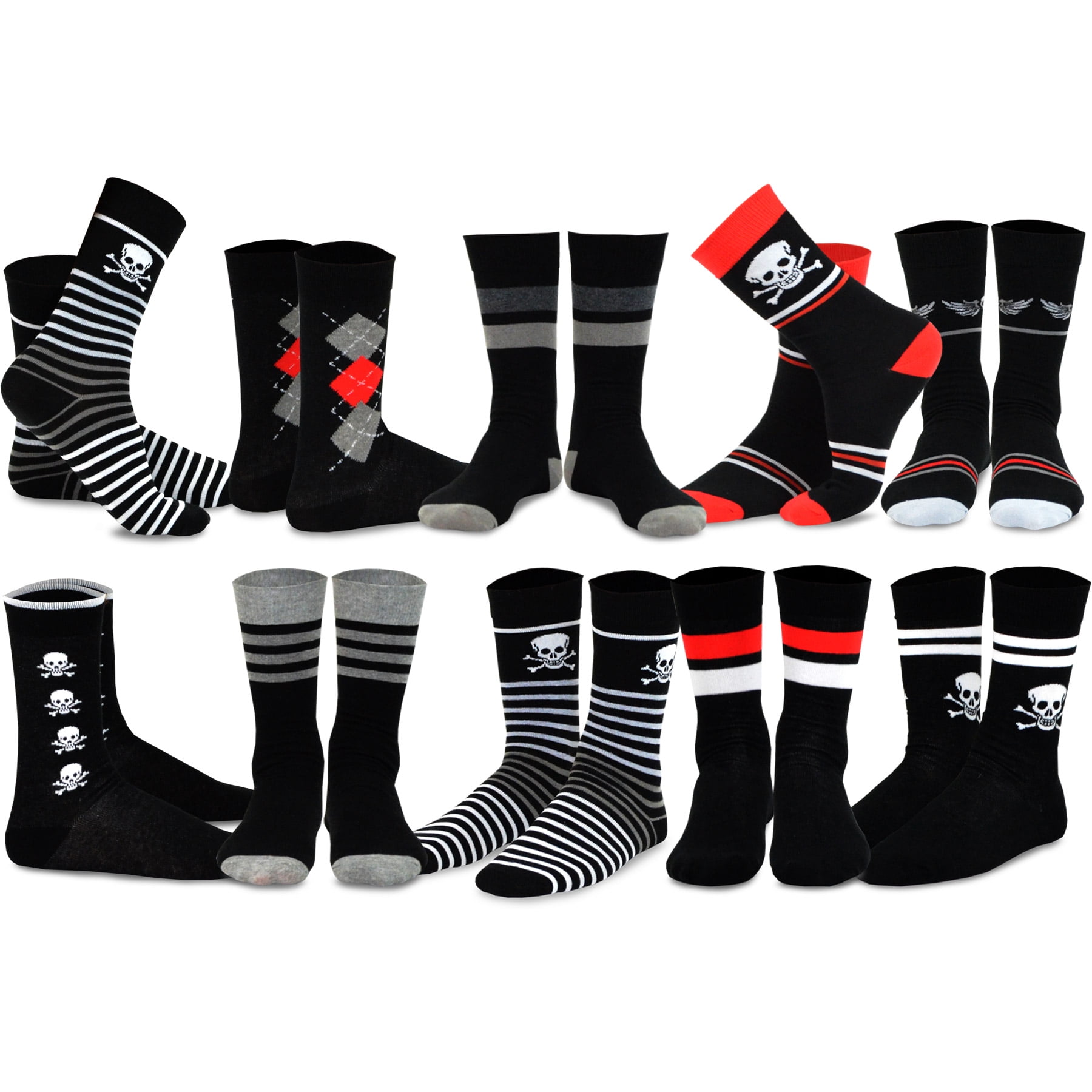 TeeHee Novelty Crazy Fun Crew Socks 10-Pack for Men (Skulls and Stripes ...
