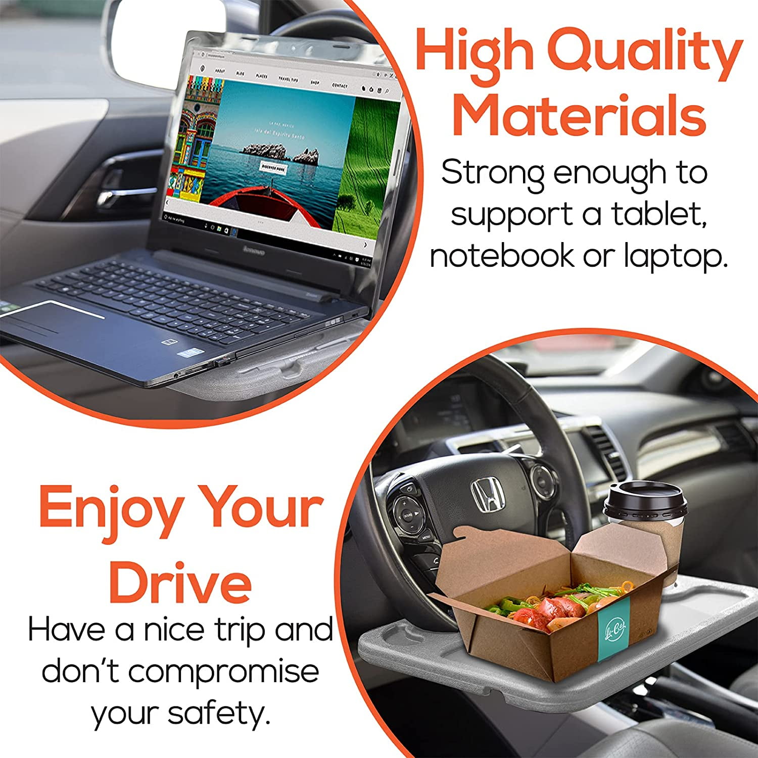 Trobo Steering Wheel Desk, Car Table for Writing, Laptop, Tablet Or iPad with Pen Slot, Food Eating Tray with Cup Holder, Hooks On Most Vehicle Steering Wheels, Car Accessories for Travelers, Grey