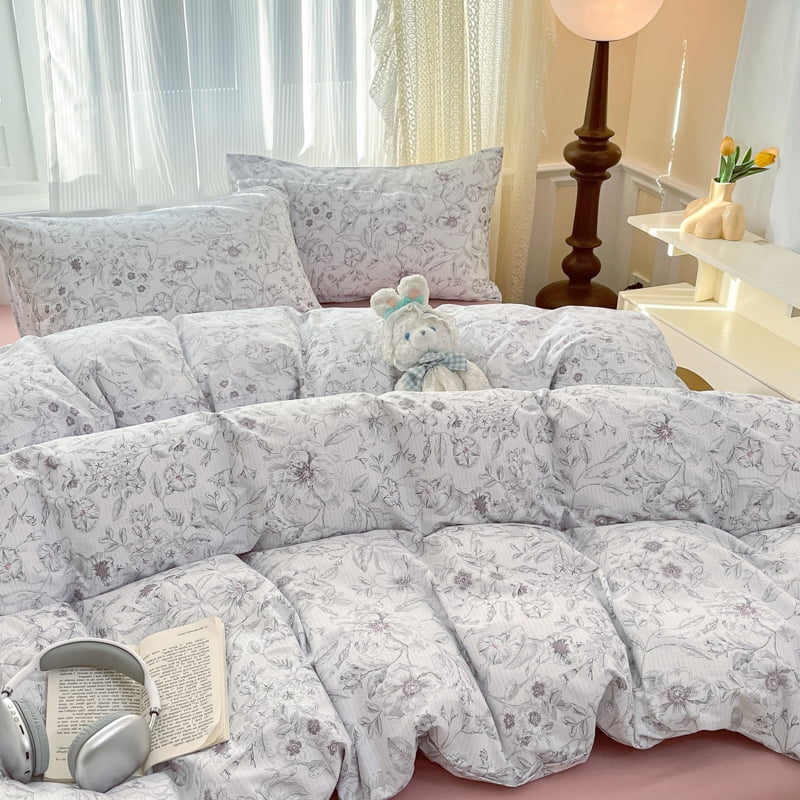 JOLUSERE 100% Organic Cotton Duvet Cover Sets King Size, 3 Pieces Soft Mist White Floral Soft Chic Artistic Bedding Sets