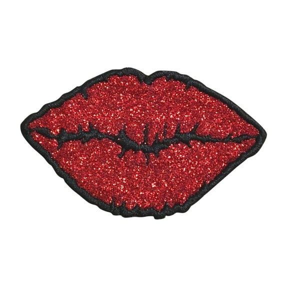 Lips - Red Glitter/Black Outline - Valentines Day - Iron on Embroidered/Applique Patch